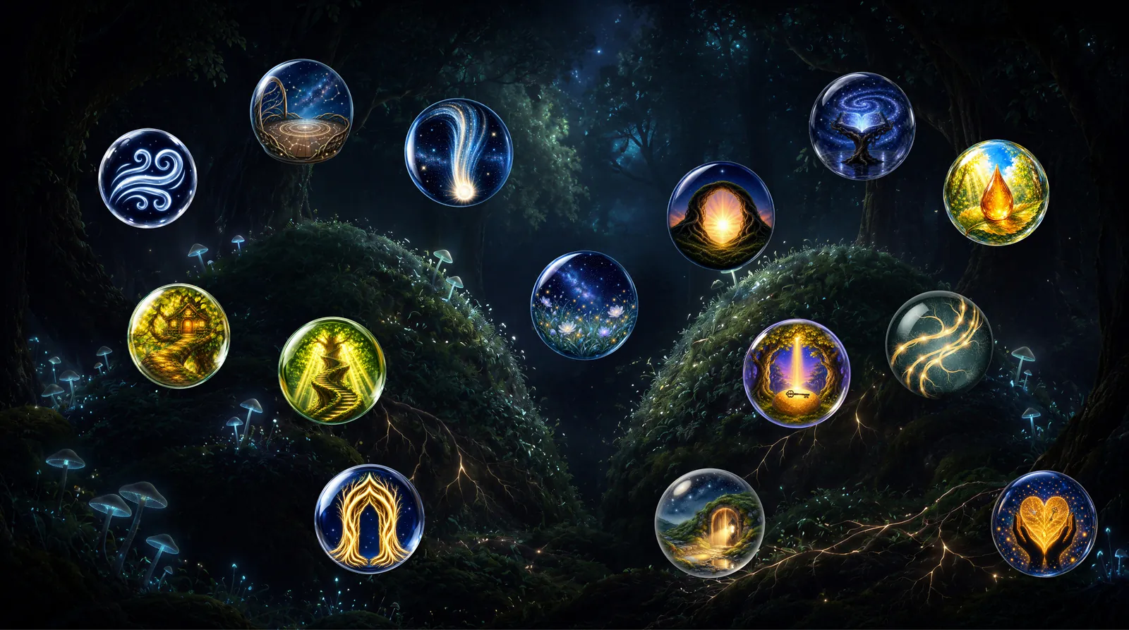 The Realm of Trees — a night forest with fourteen glowing journey orbs above two mossy hills